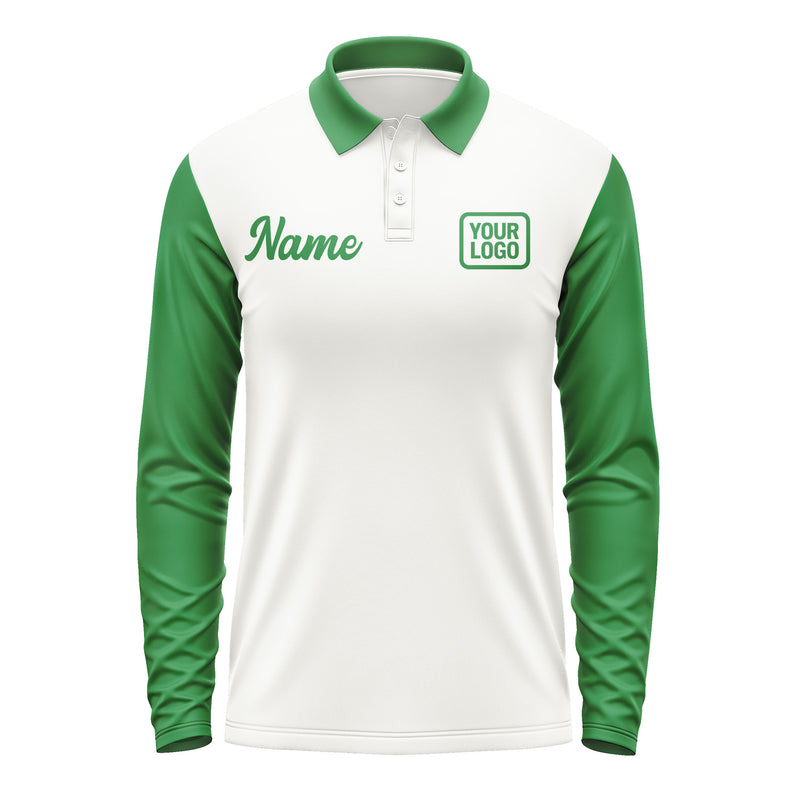 Custom White Emerald Green Long Sleeve Polo Shirt Pl182424B124