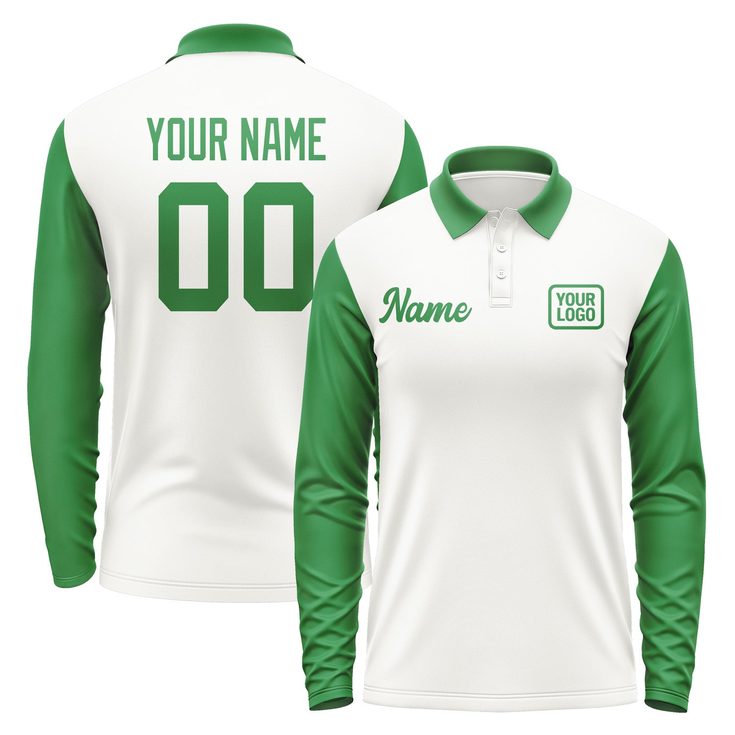 Custom White Emerald Green Long Sleeve Polo Shirt Pl182424B124