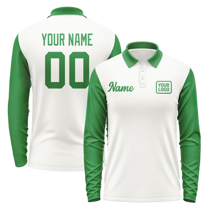 Custom White Emerald Green Long Sleeve Polo Shirt Pl182424B124