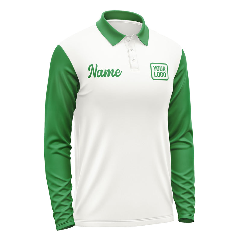 Custom White Emerald Green Long Sleeve Polo Shirt Pl182424B124