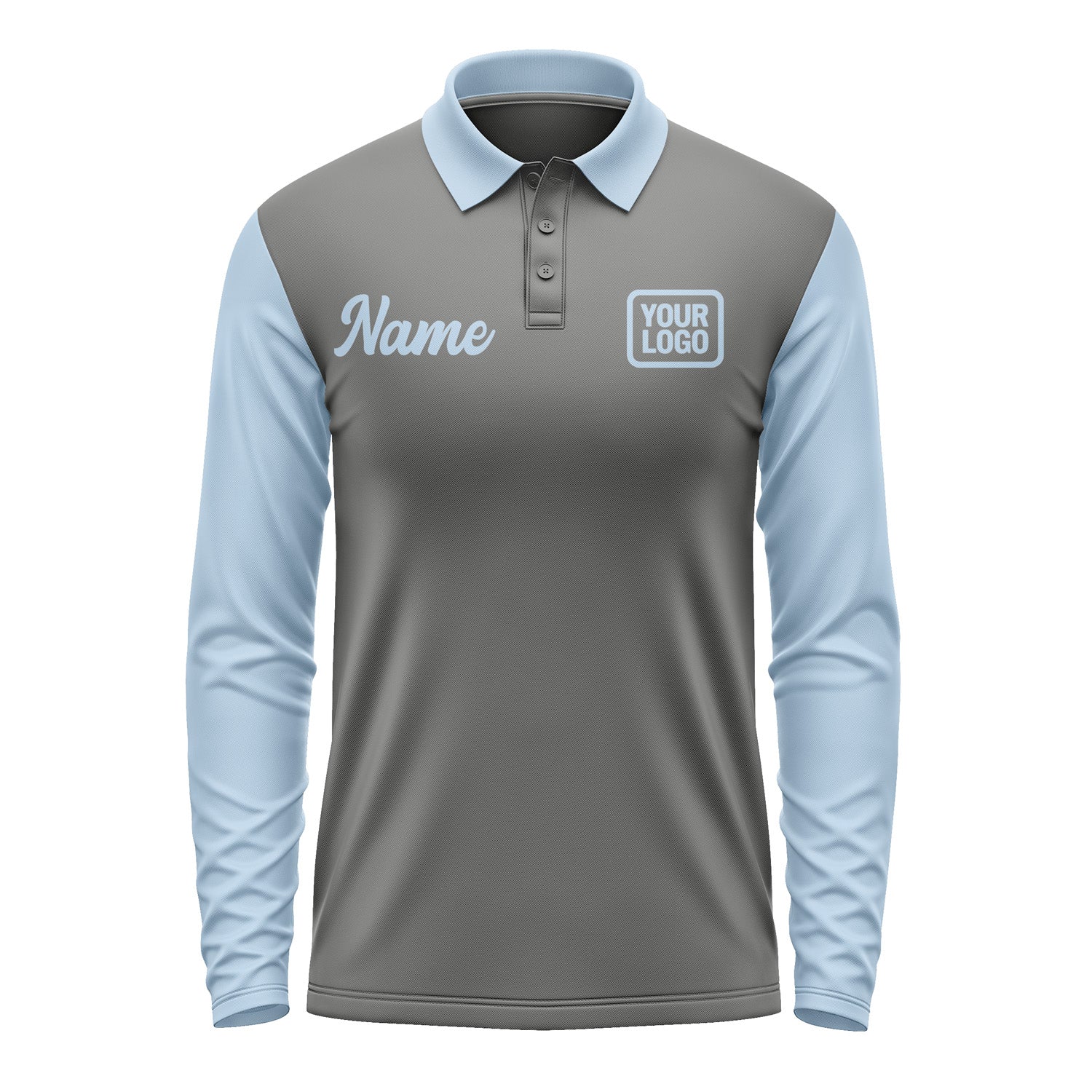 Custom Dark Grey Light Blue Long Sleeve Polo Shirt Pl200808B108