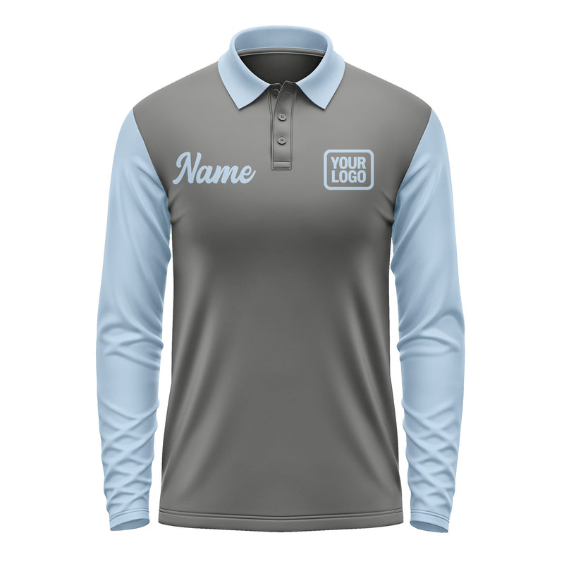 Custom Dark Grey Light Blue Long Sleeve Polo Shirt Pl200808B108