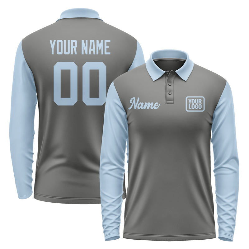 Custom Dark Grey Light Blue Long Sleeve Polo Shirt Pl200808B108