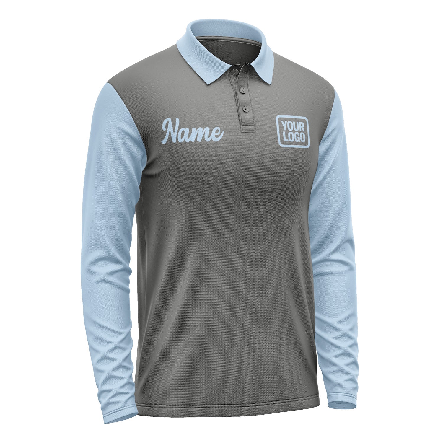 Custom Dark Grey Light Blue Long Sleeve Polo Shirt Pl200808B108
