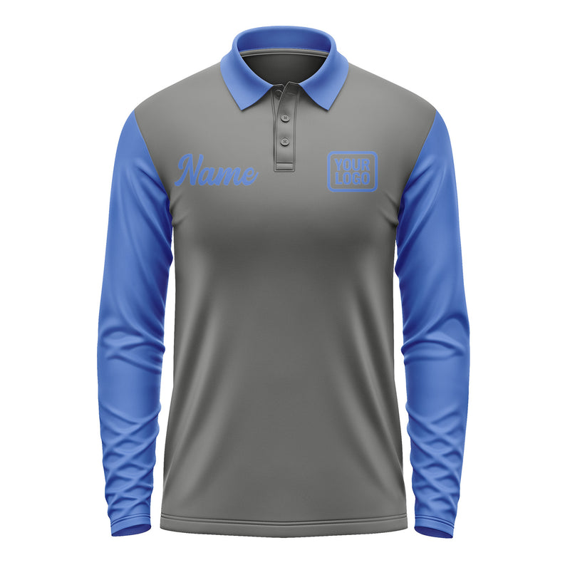 Custom Dark Grey Sky Blue Long Sleeve Polo Shirt Pl200909B109