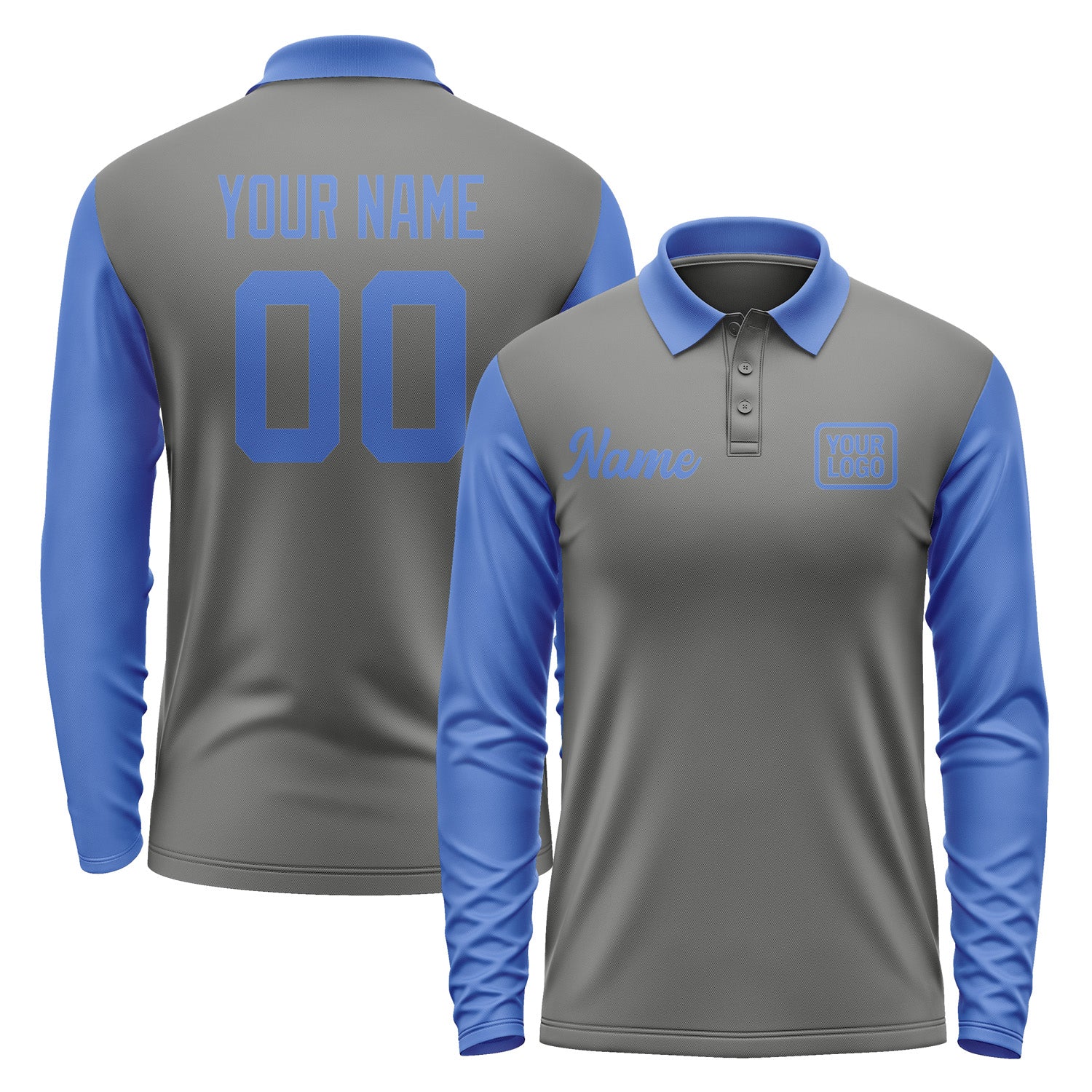 Custom Dark Grey Sky Blue Long Sleeve Polo Shirt Pl200909B109
