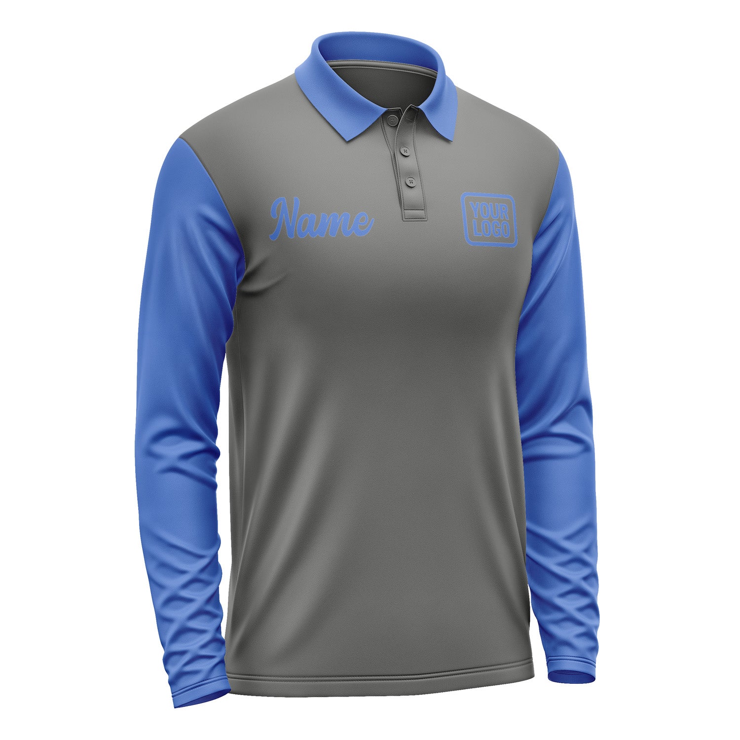 Custom Dark Grey Sky Blue Long Sleeve Polo Shirt Pl200909B109