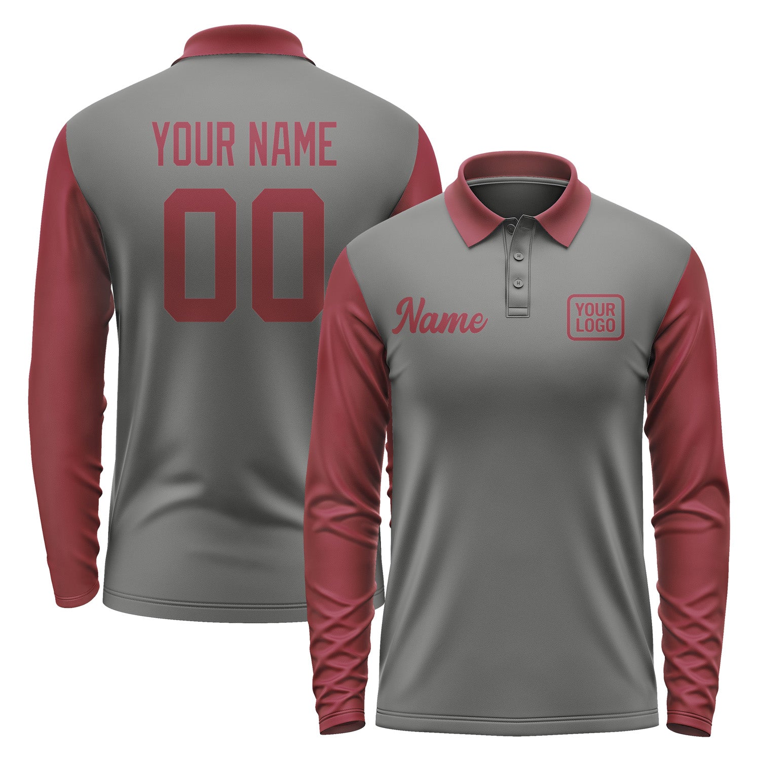 Custom Dark Grey Crimson Red Long Sleeve Polo Shirt Pl201515B115