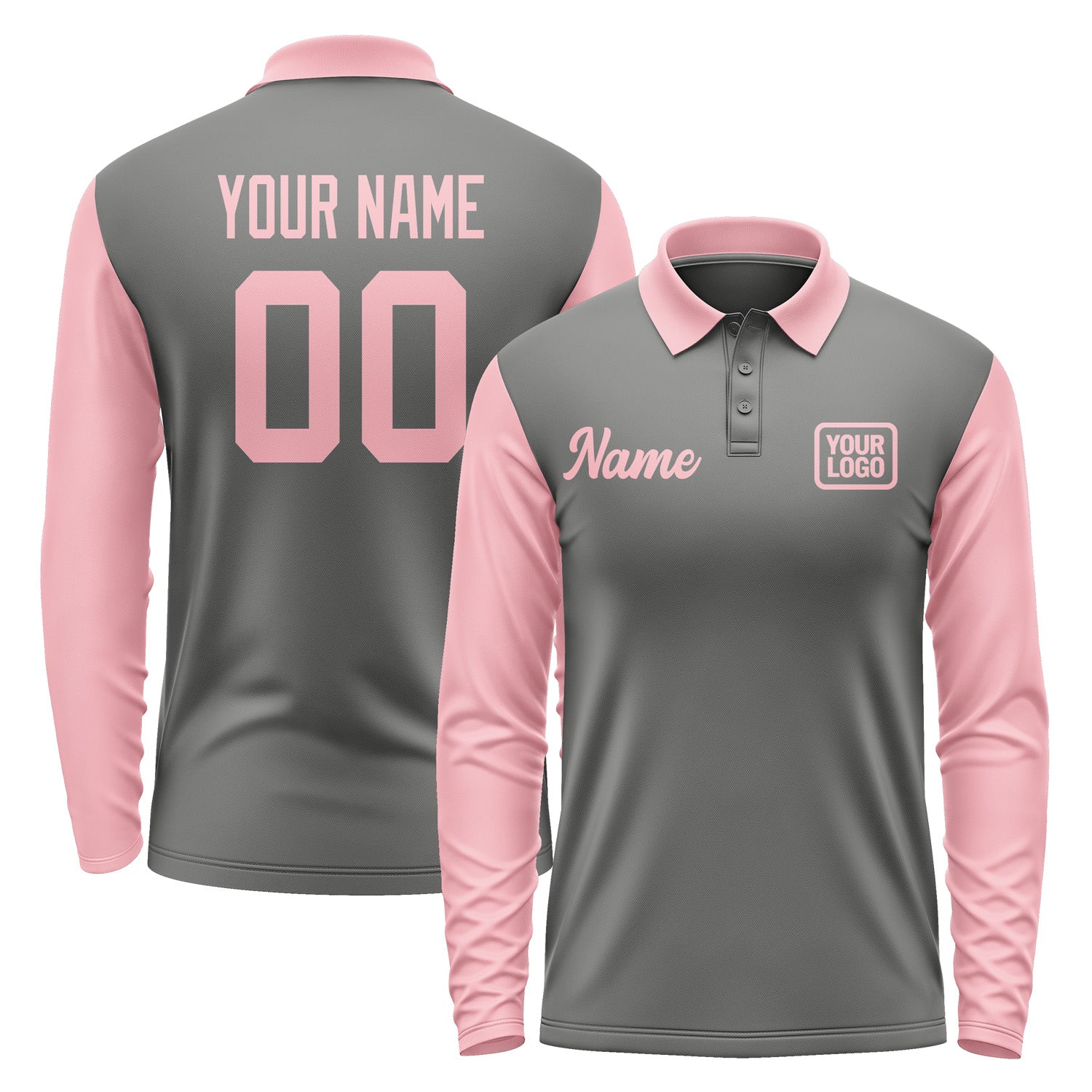 Custom Dark Grey Light Pink Long Sleeve Polo Shirt Pl202121B121
