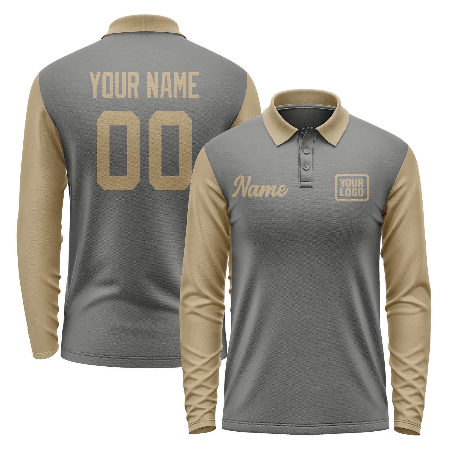 Custom Dark Grey Light Khaki Long Sleeve Polo Shirt Pl202525B125