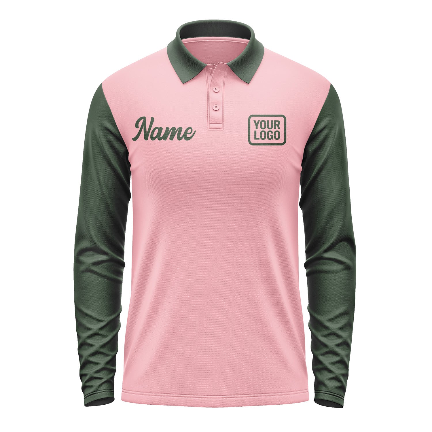 Custom Light Pink Dark Green Long Sleeve Polo Shirt Pl210606B106