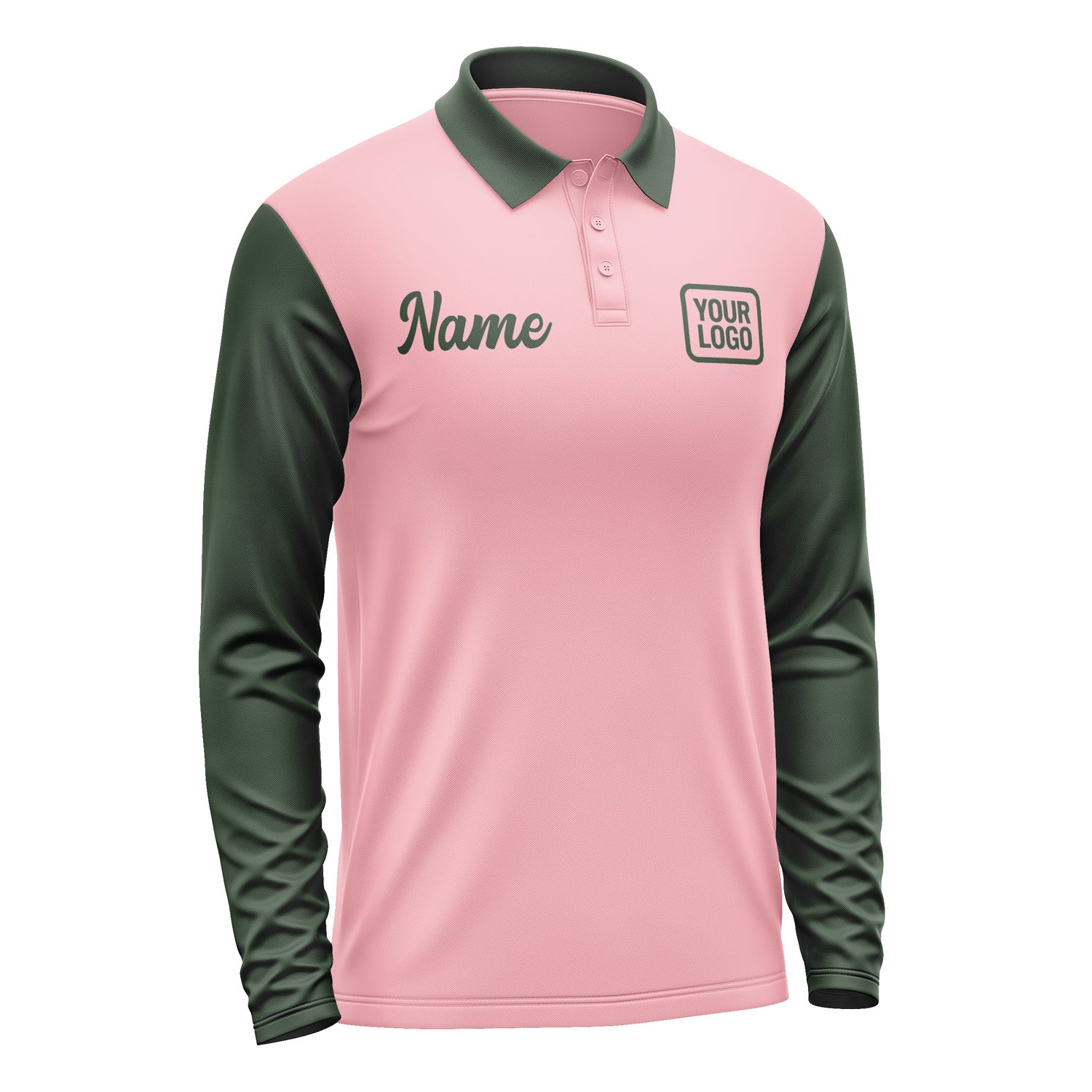 Custom Light Pink Dark Green Long Sleeve Polo Shirt Pl210606B106