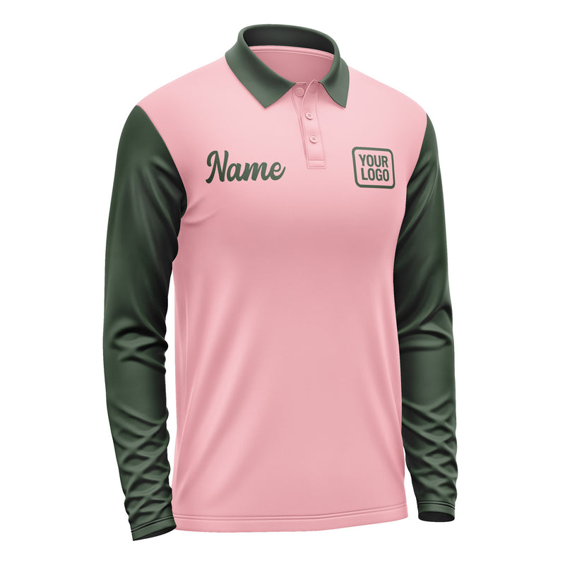 Custom Light Pink Dark Green Long Sleeve Polo Shirt Pl210606B106