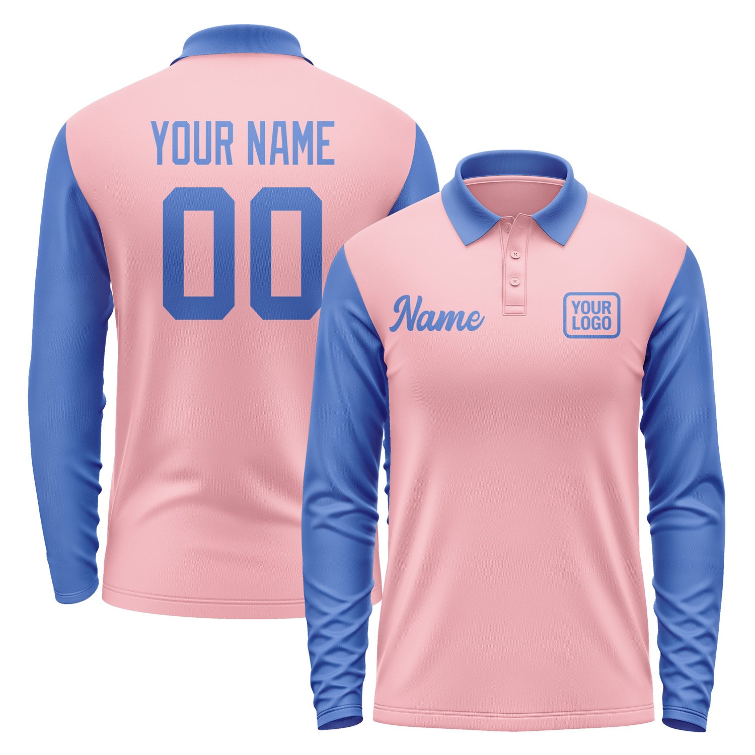 Custom Light Pink Sky Blue Long Sleeve Polo Shirt Pl210909B109