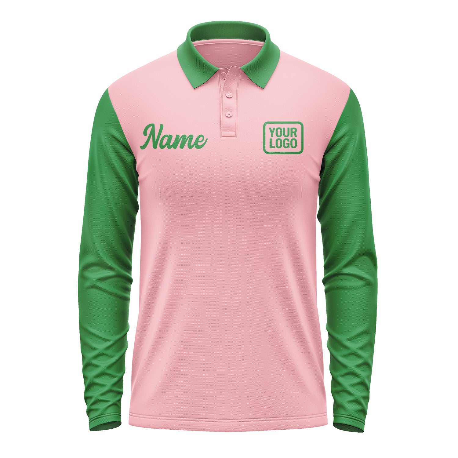 Custom Light Pink Emerald Green Long Sleeve Polo Shirt Pl212424B124