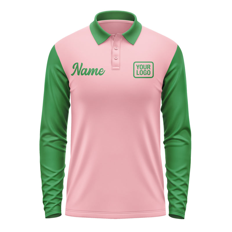 Custom Light Pink Emerald Green Long Sleeve Polo Shirt Pl212424B124