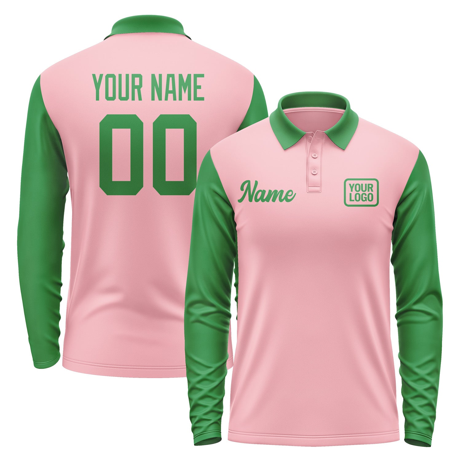 Custom Light Pink Emerald Green Long Sleeve Polo Shirt Pl212424B124