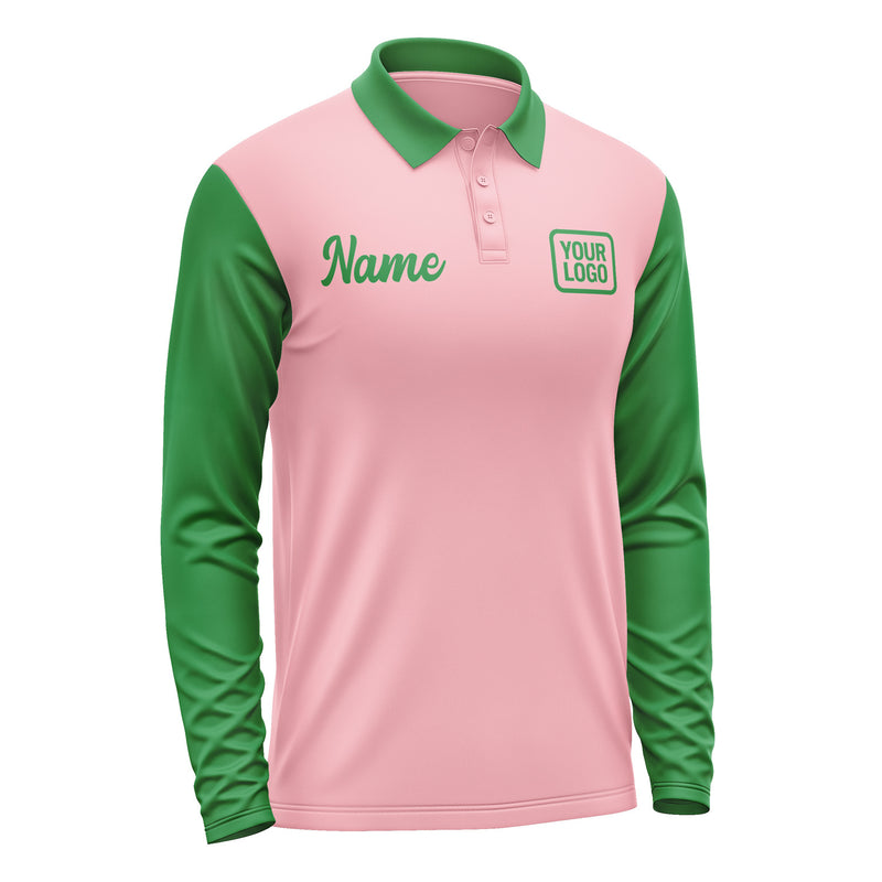 Custom Light Pink Emerald Green Long Sleeve Polo Shirt Pl212424B124