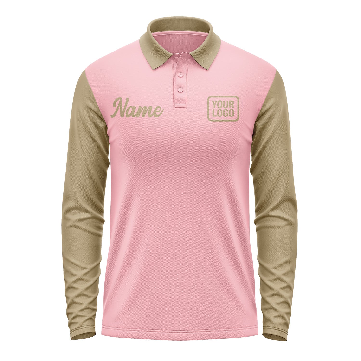 Custom Light Pink Light Khaki Long Sleeve Polo Shirt Pl212525B125