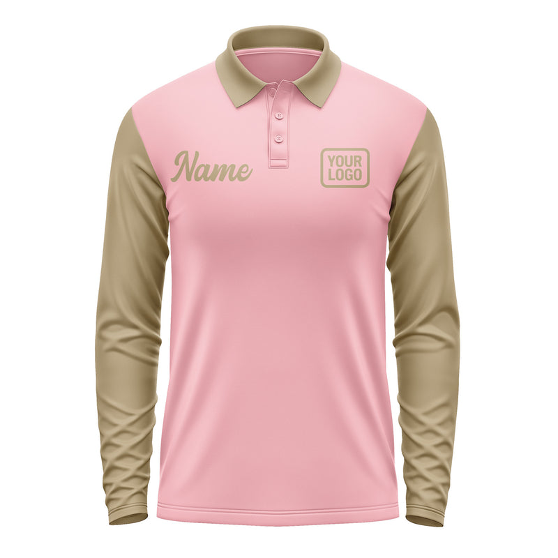 Custom Light Pink Light Khaki Long Sleeve Polo Shirt Pl212525B125