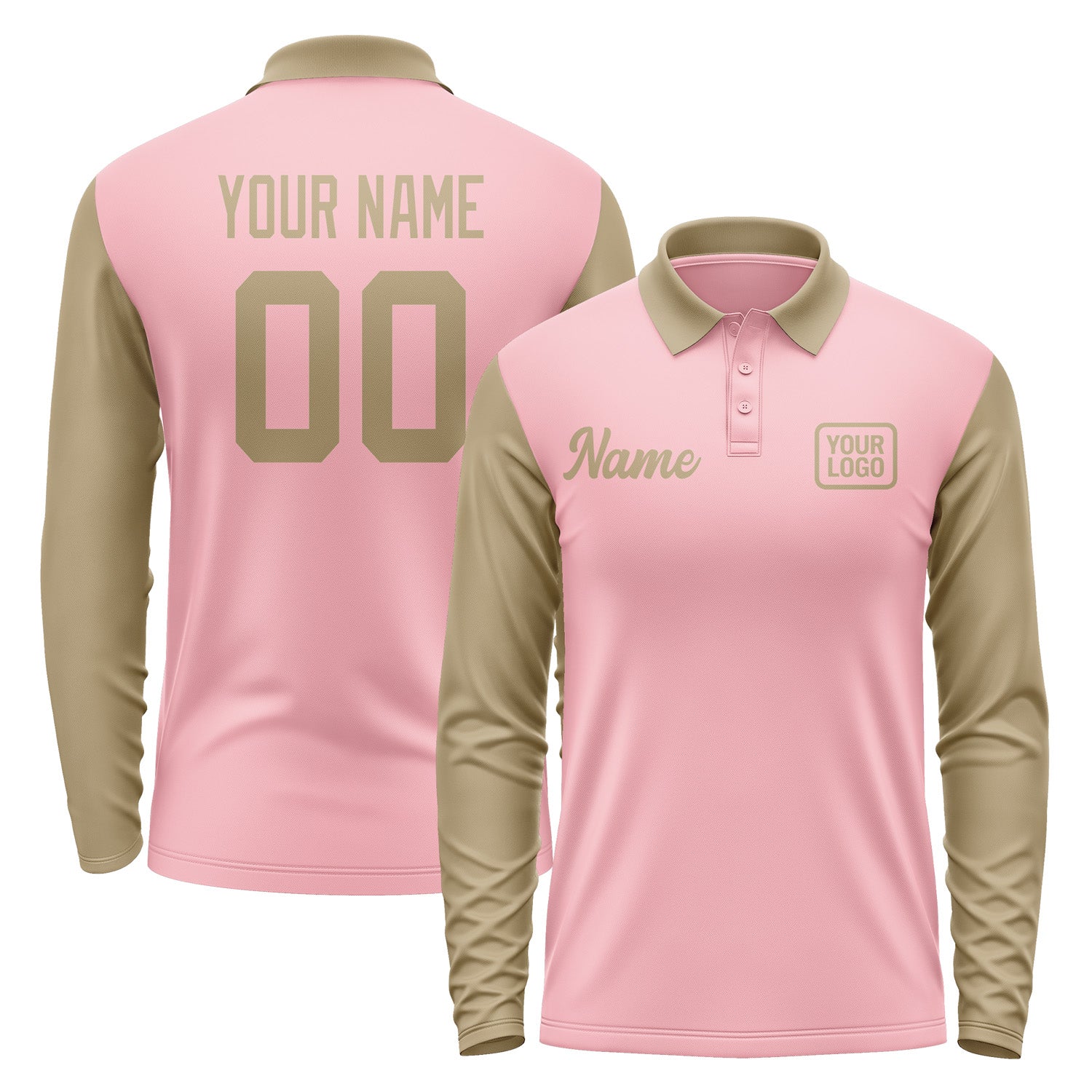 Custom Light Pink Light Khaki Long Sleeve Polo Shirt Pl212525B125