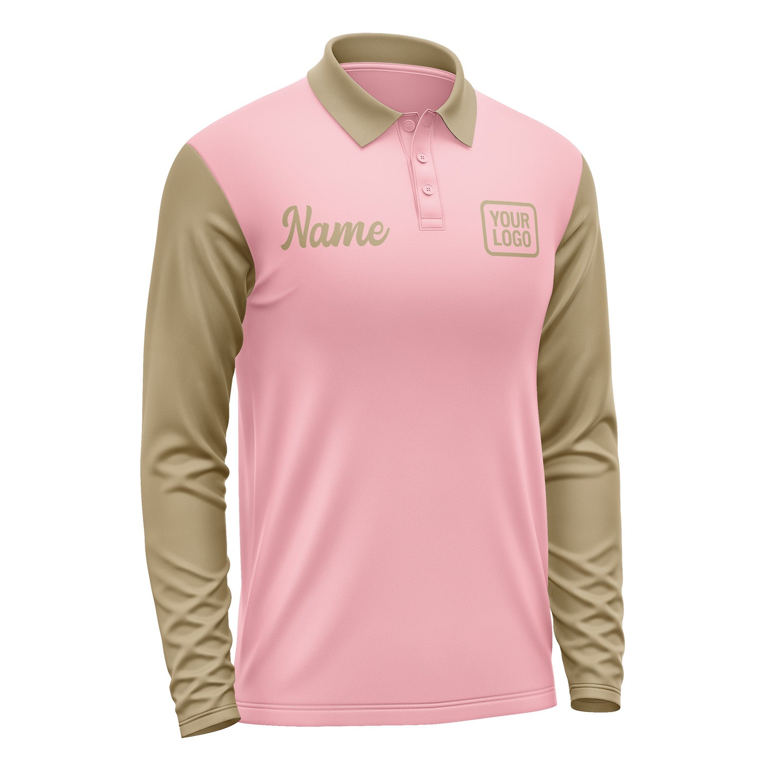 Custom Light Pink Light Khaki Long Sleeve Polo Shirt Pl212525B125