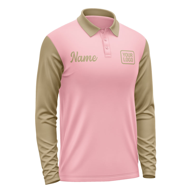 Custom Light Pink Light Khaki Long Sleeve Polo Shirt Pl212525B125