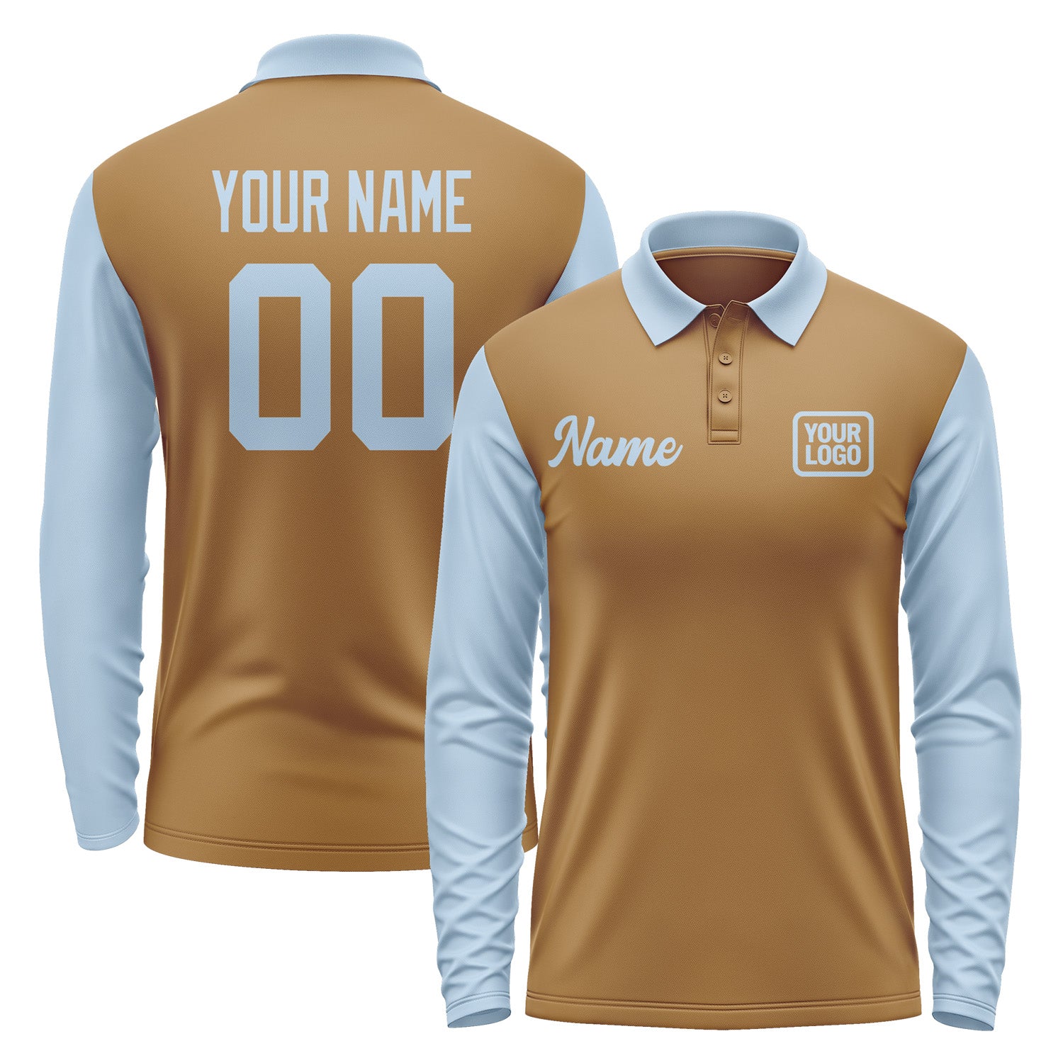 Custom Khaki Light Blue Long Sleeve Polo Shirt Pl220808B108