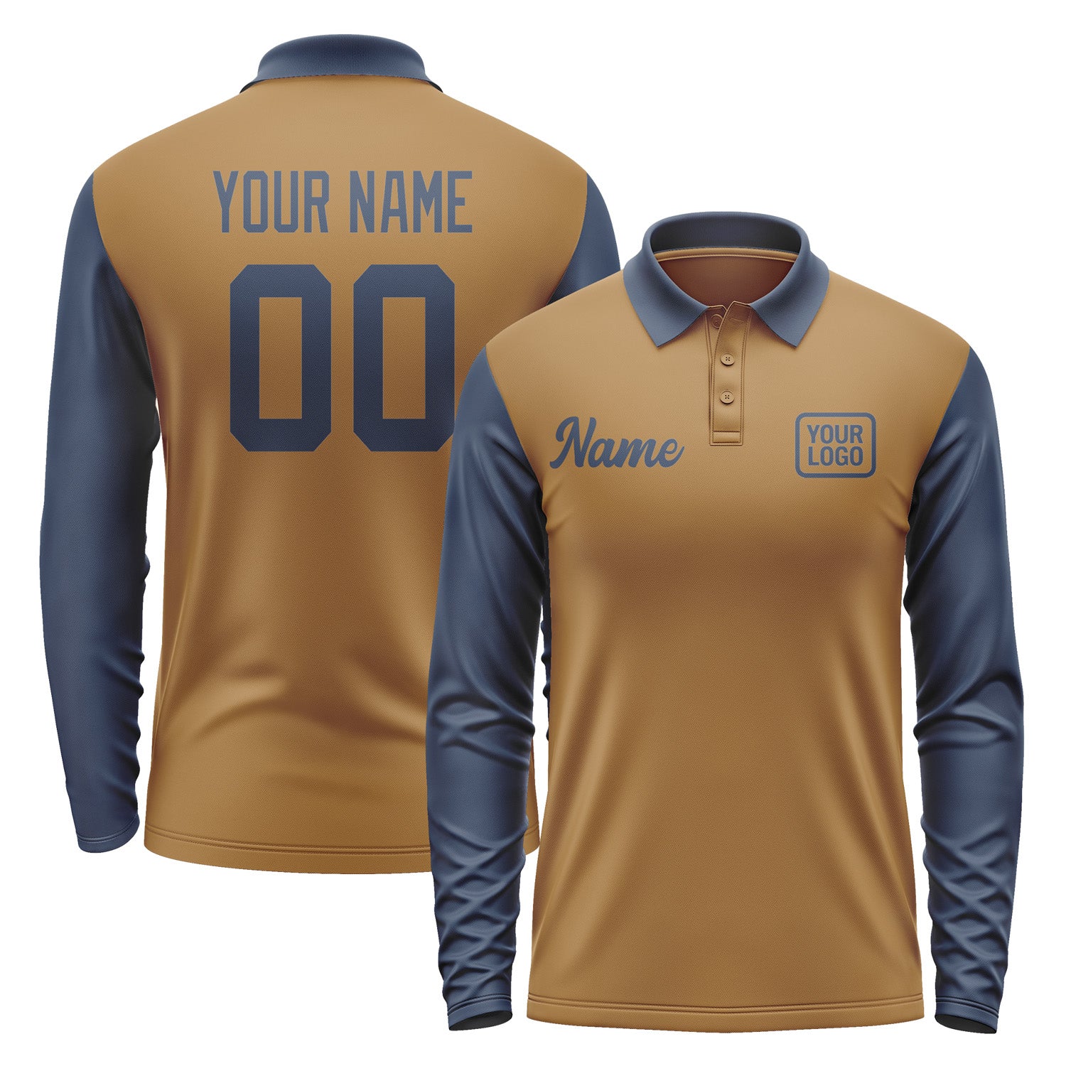 Custom Khaki Blue Long Sleeve Polo Shirt Pl221010B110