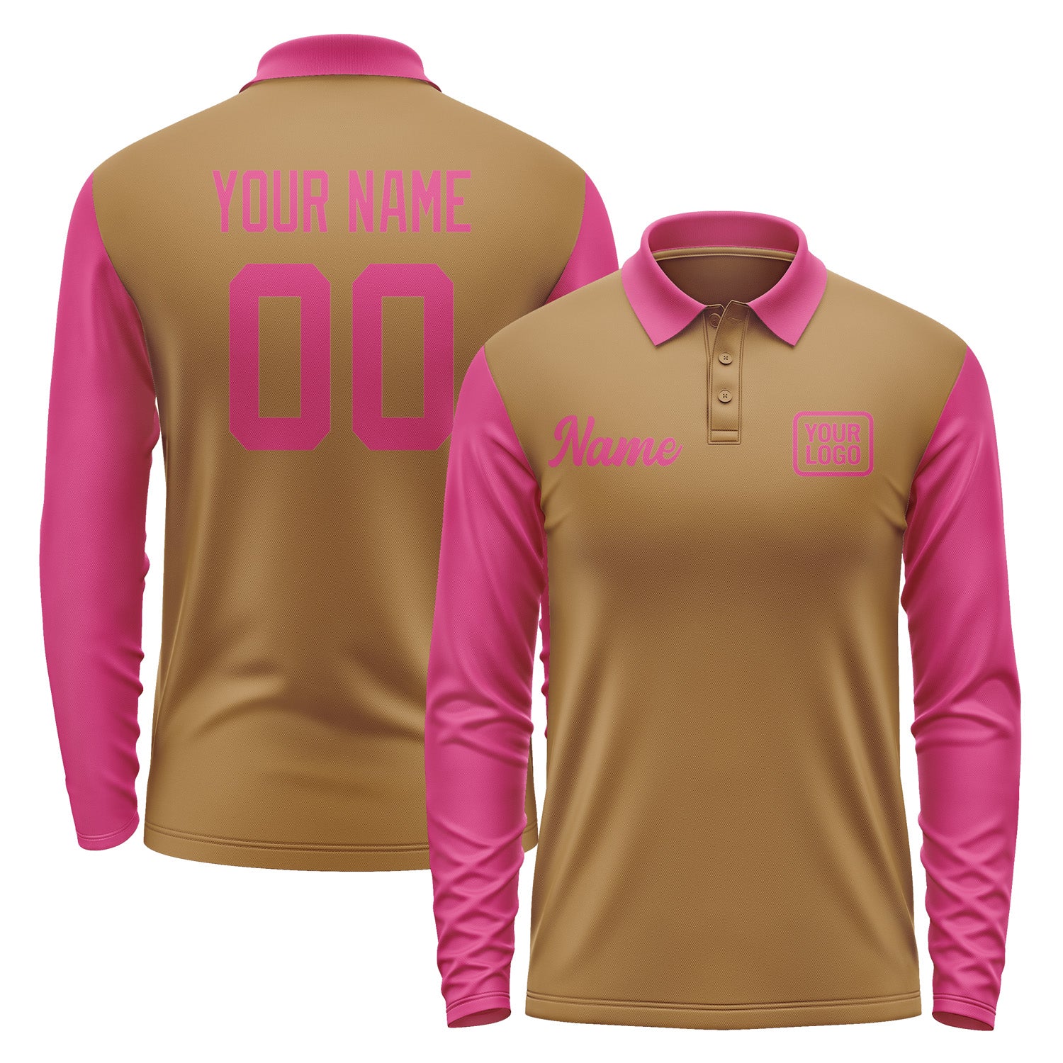 Custom Khaki Pink Long Sleeve Polo Shirt Pl221313B113