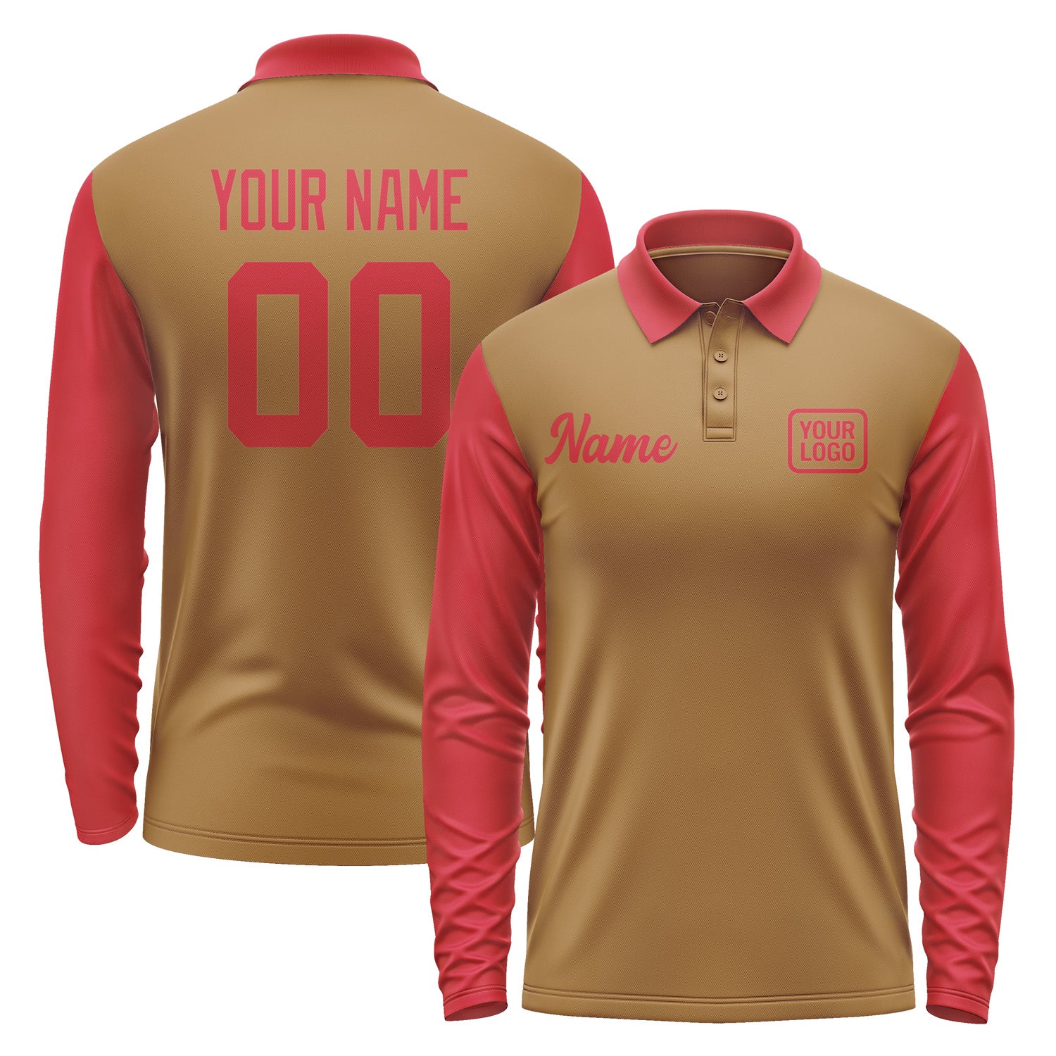 Custom Khaki Red Long Sleeve Polo Shirt Pl221414B114