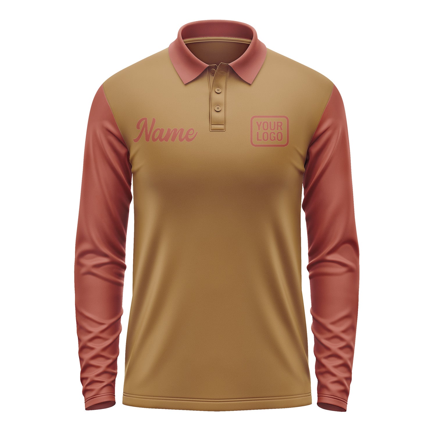 Custom Khaki Coral Red Long Sleeve Polo Shirt Pl221616B116