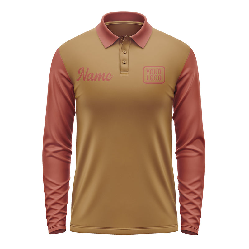 Custom Khaki Coral Red Long Sleeve Polo Shirt Pl221616B116