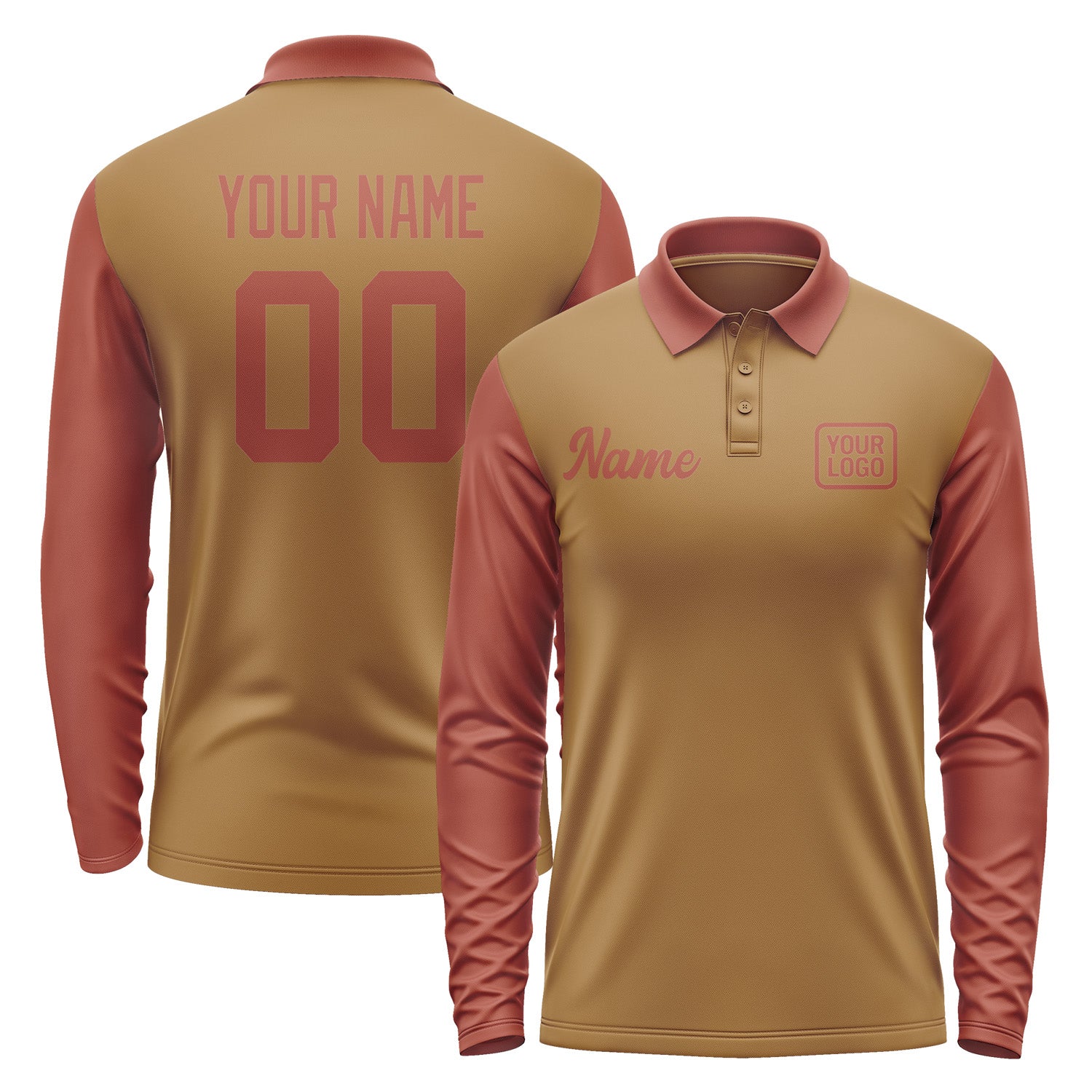 Custom Khaki Coral Red Long Sleeve Polo Shirt Pl221616B116