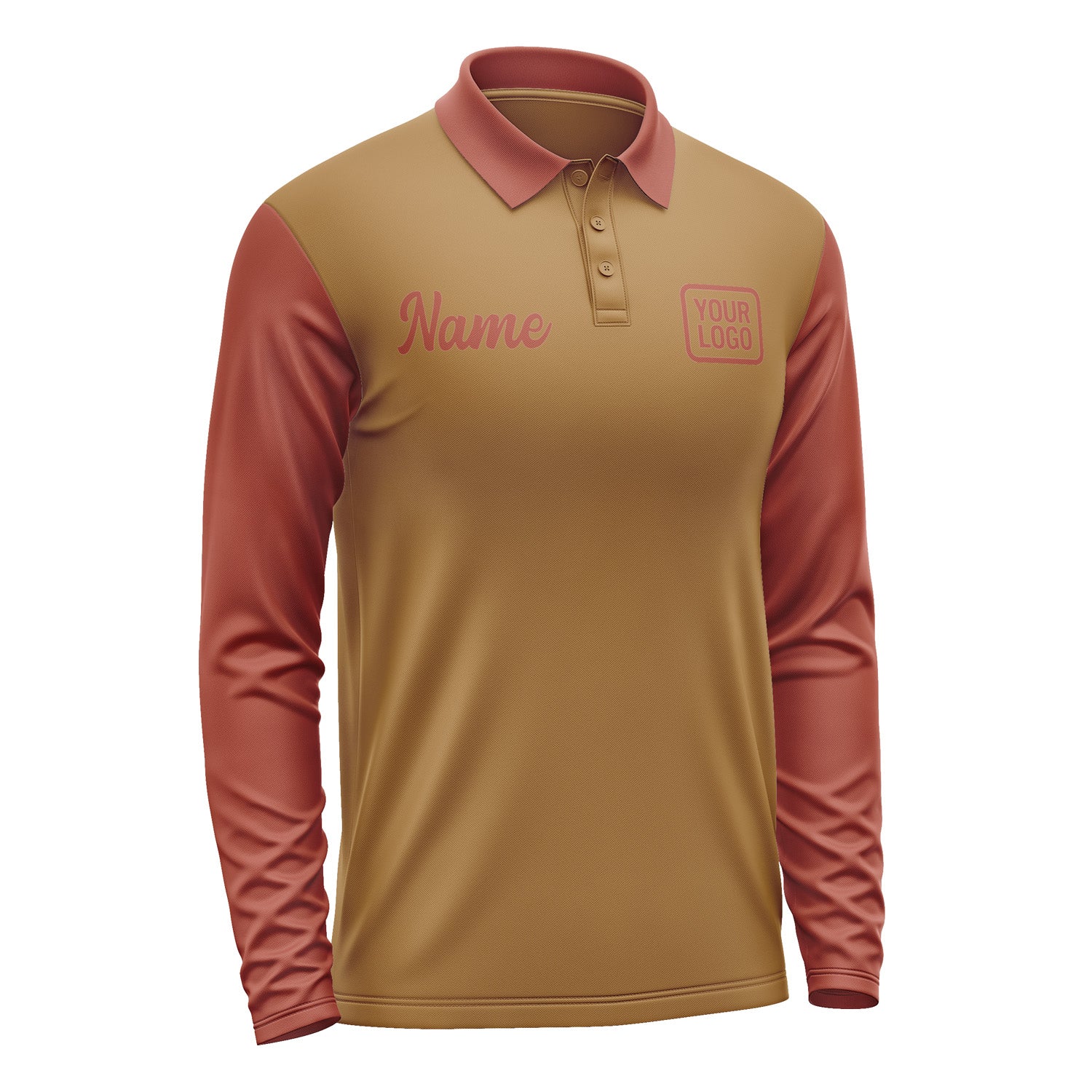 Custom Khaki Coral Red Long Sleeve Polo Shirt Pl221616B116