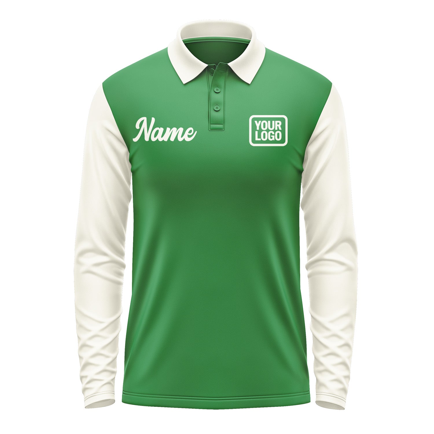 Custom Emerald Green Cream Long Sleeve Polo Shirt Pl240303B103