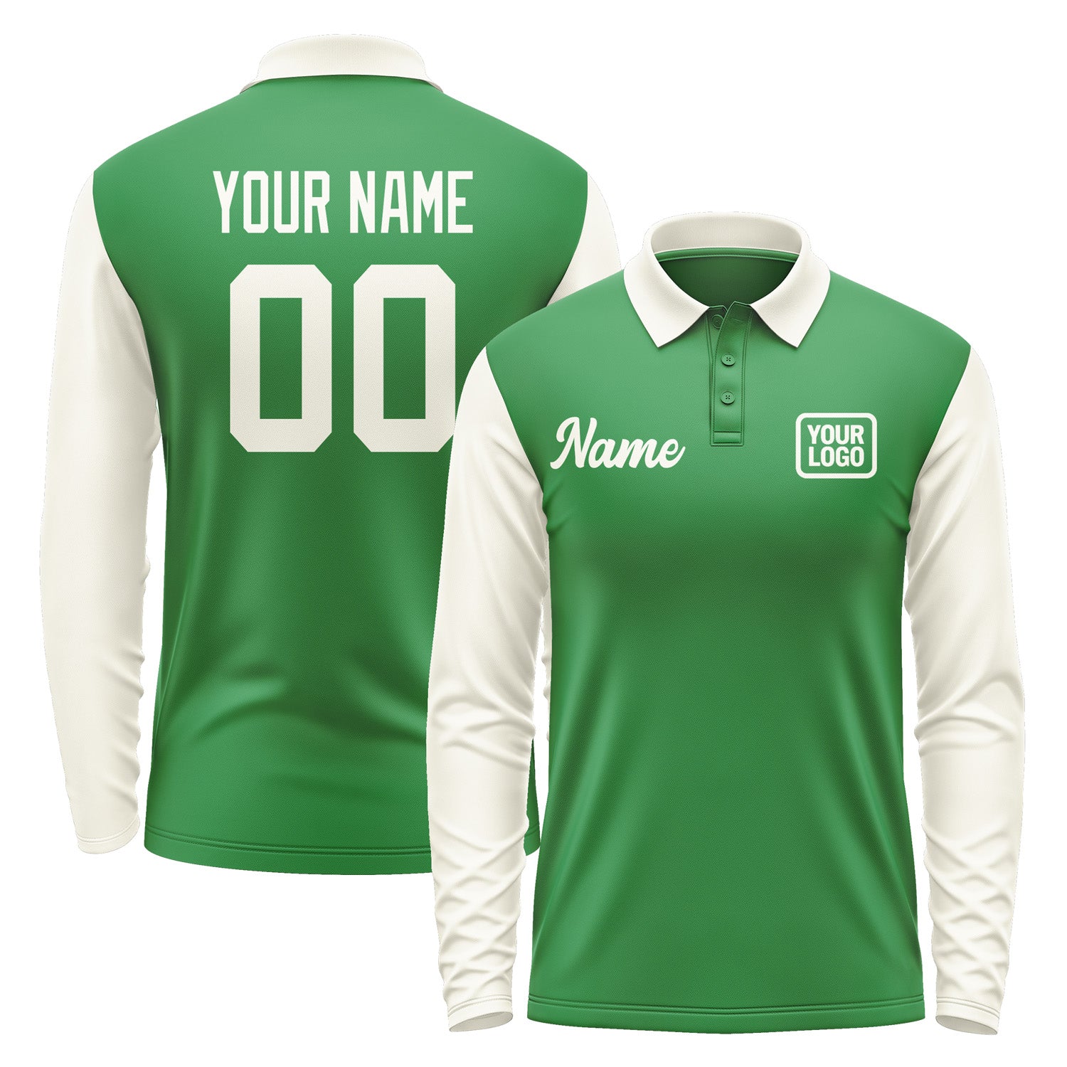 Custom Emerald Green Cream Long Sleeve Polo Shirt Pl240303B103