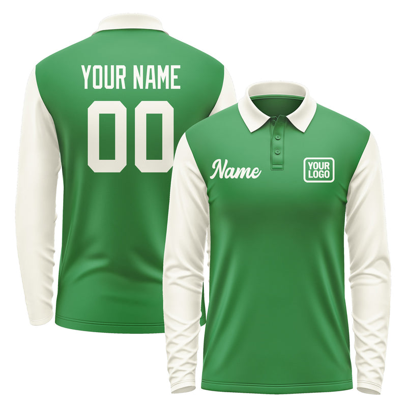 Custom Emerald Green Cream Long Sleeve Polo Shirt Pl240303B103