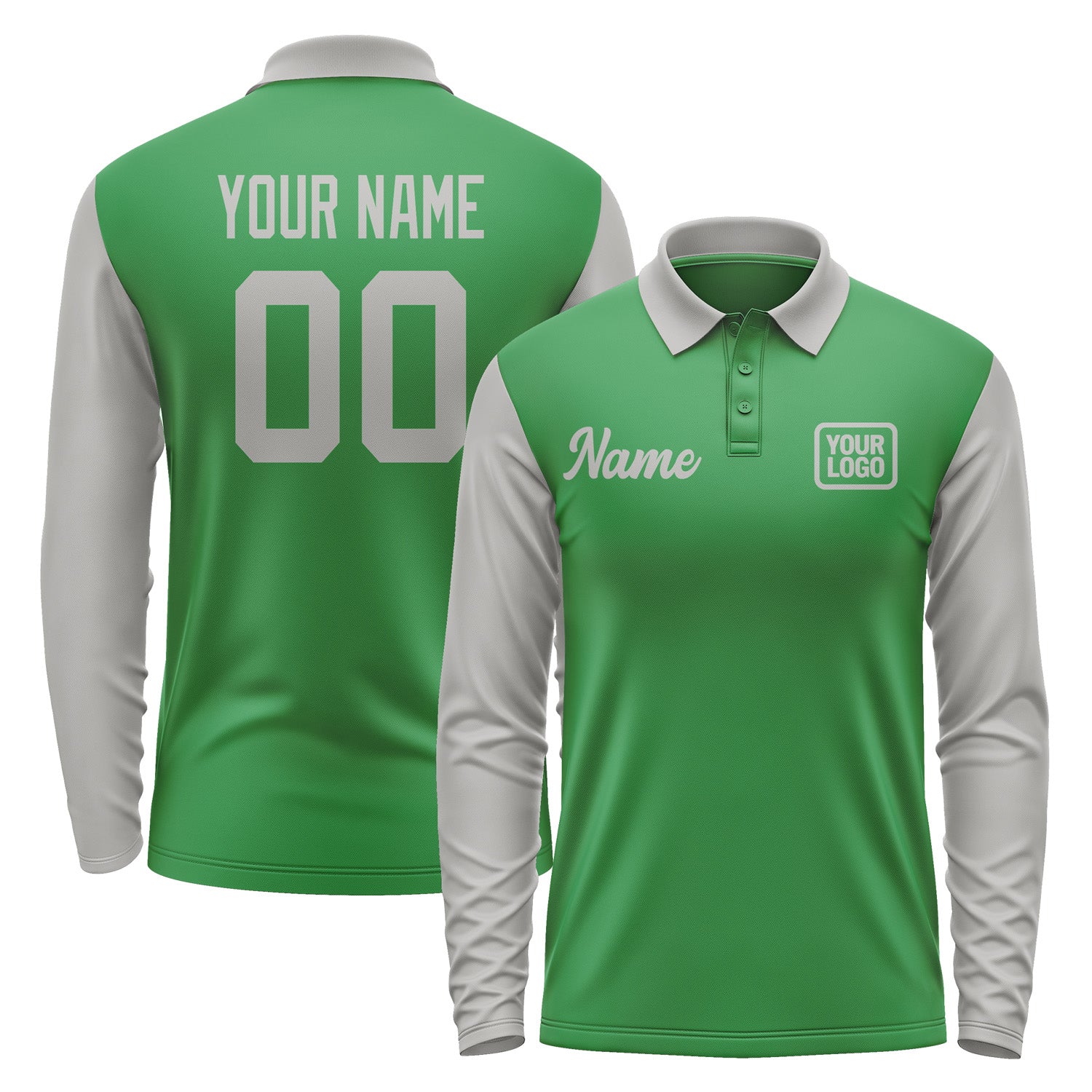 Custom Emerald Green Gray Long Sleeve Polo Shirt Pl240404B104