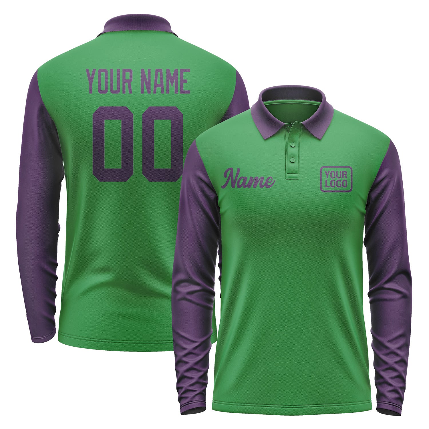 Custom Emerald Green Purple Long Sleeve Polo Shirt Pl240707B107