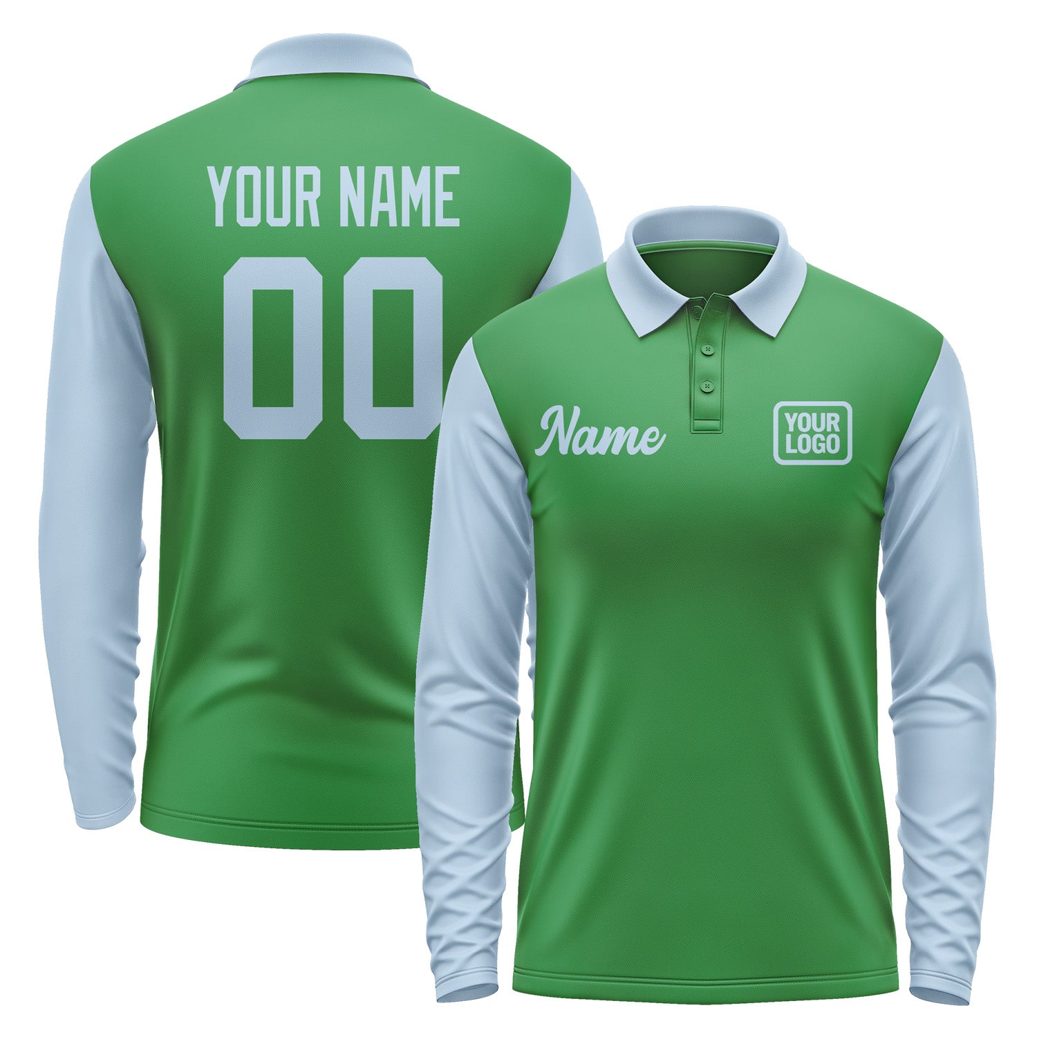 Custom Emerald Green Light Blue Long Sleeve Polo Shirt Pl240808B108