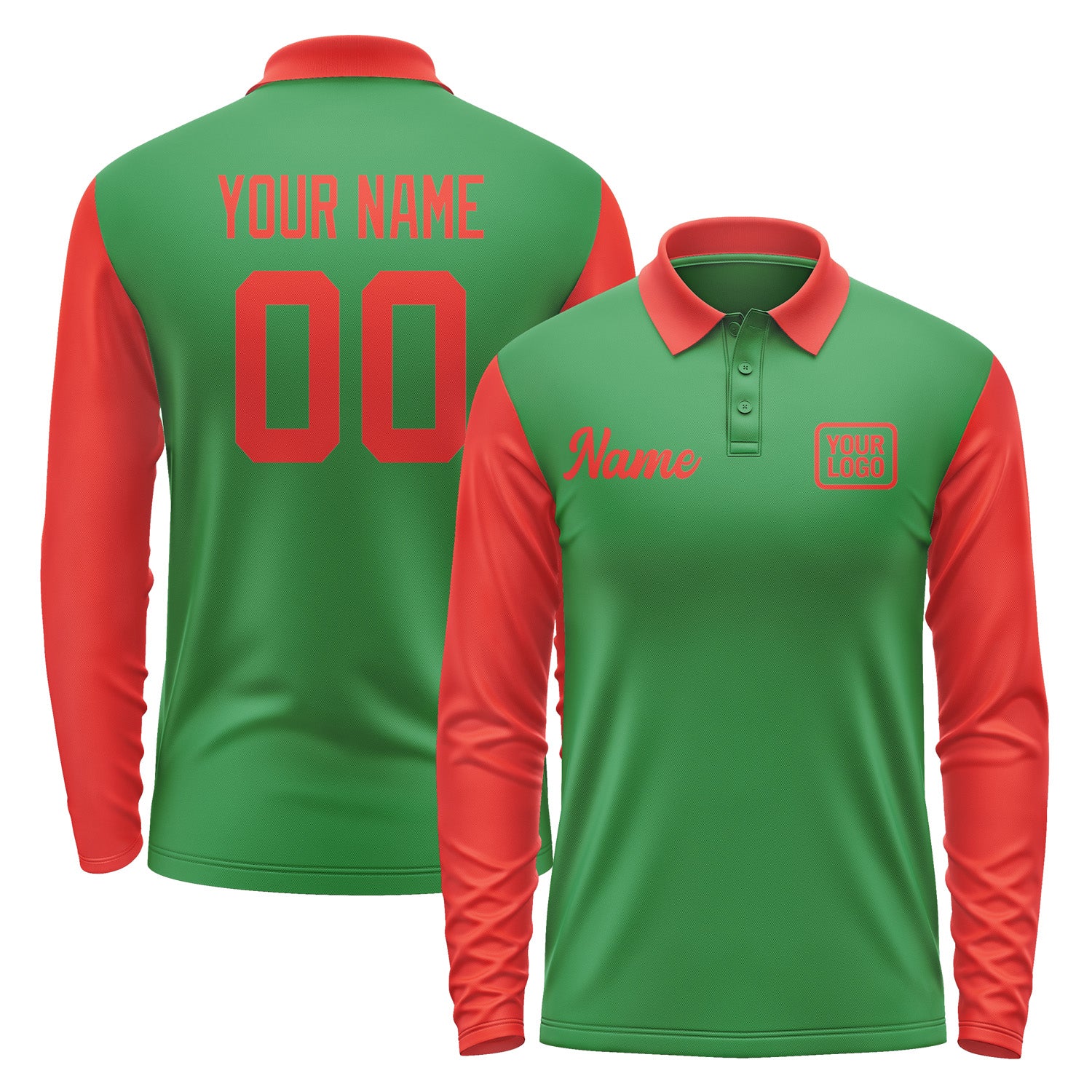 Custom Emerald Green Orange Red Long Sleeve Polo Shirt Pl241212B112