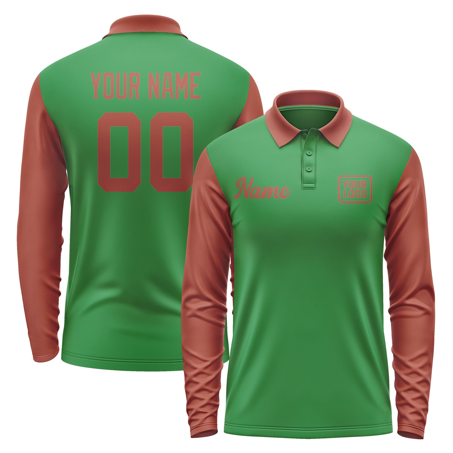 Custom Emerald Green Coral Red Long Sleeve Polo Shirt Pl241616B116