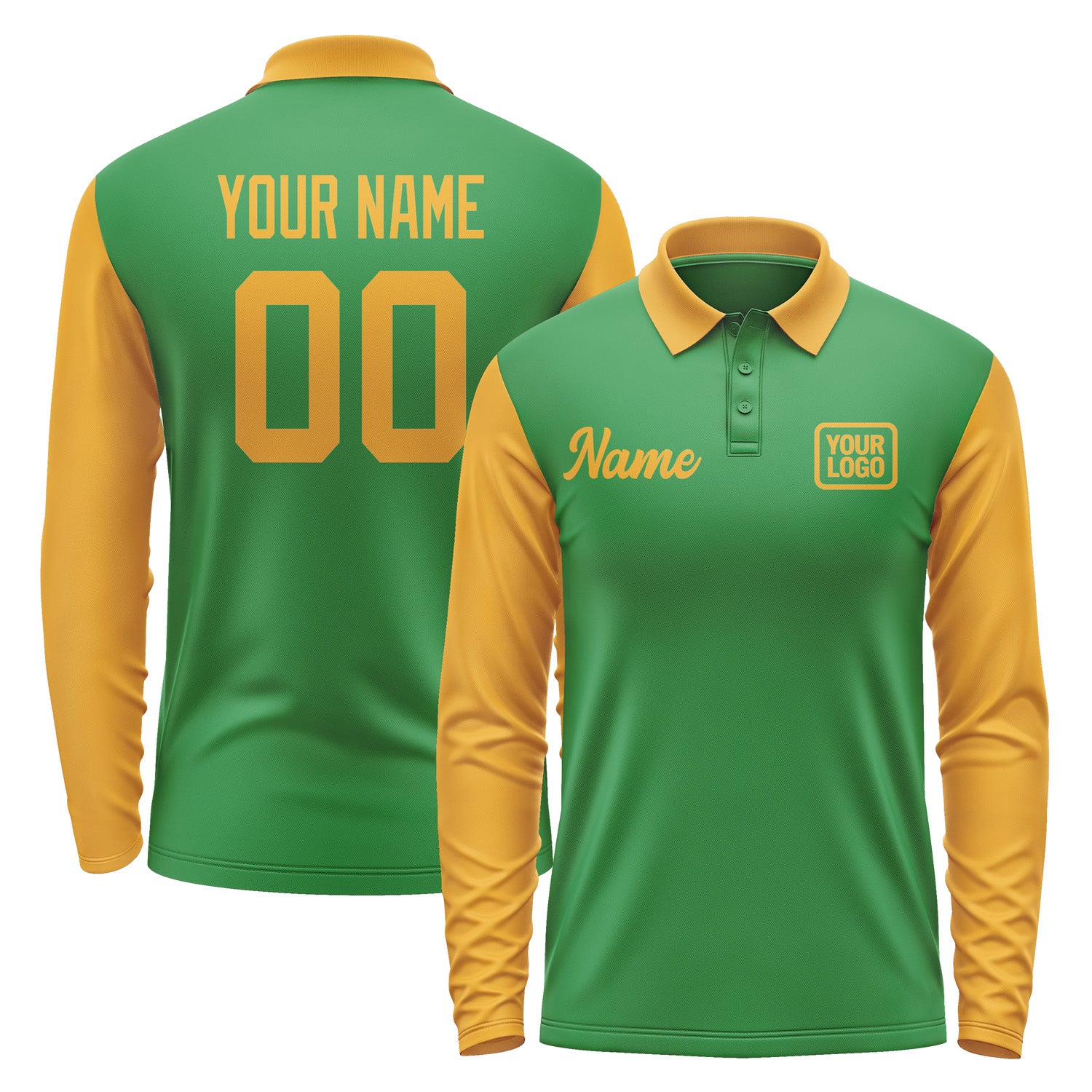 Custom Emerald Green Yellow Long Sleeve Polo Shirt Pl241919B119