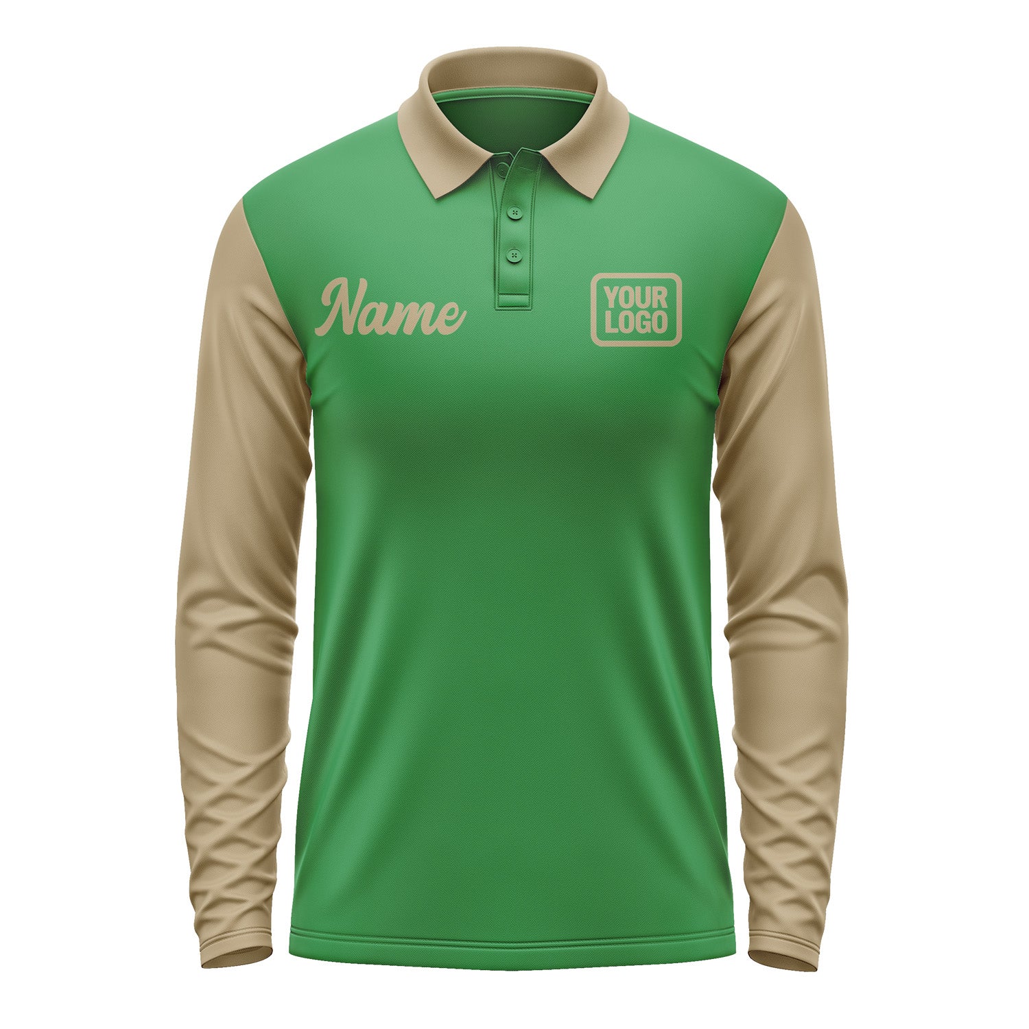 Custom Emerald Green Light Khaki Long Sleeve Polo Shirt Pl242525B125