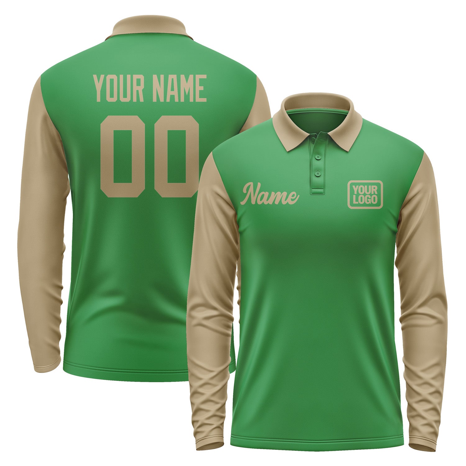 Custom Emerald Green Light Khaki Long Sleeve Polo Shirt Pl242525B125