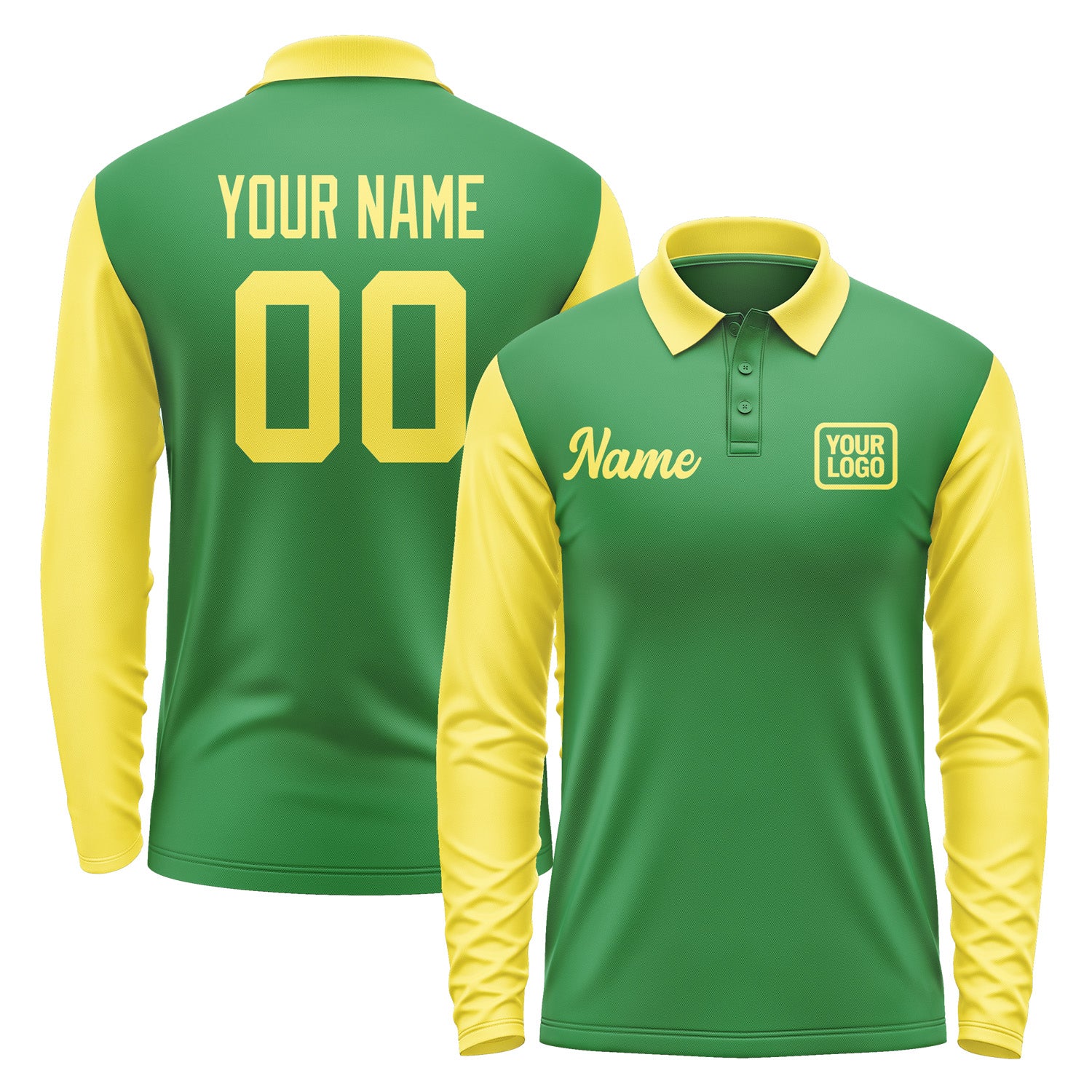 Custom Emerald Green Light Yellow Long Sleeve Polo Shirt Pl242626B126
