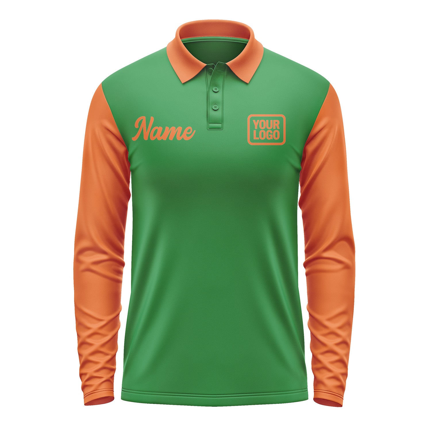 Custom Emerald Green Orange Long Sleeve Polo Shirt Pl242828B128