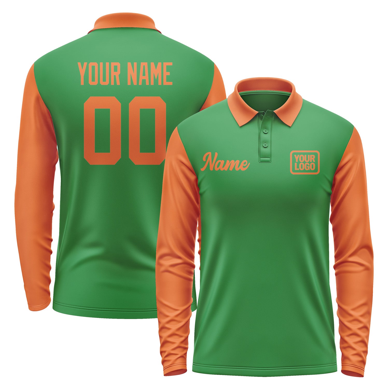 Custom Emerald Green Orange Long Sleeve Polo Shirt Pl242828B128
