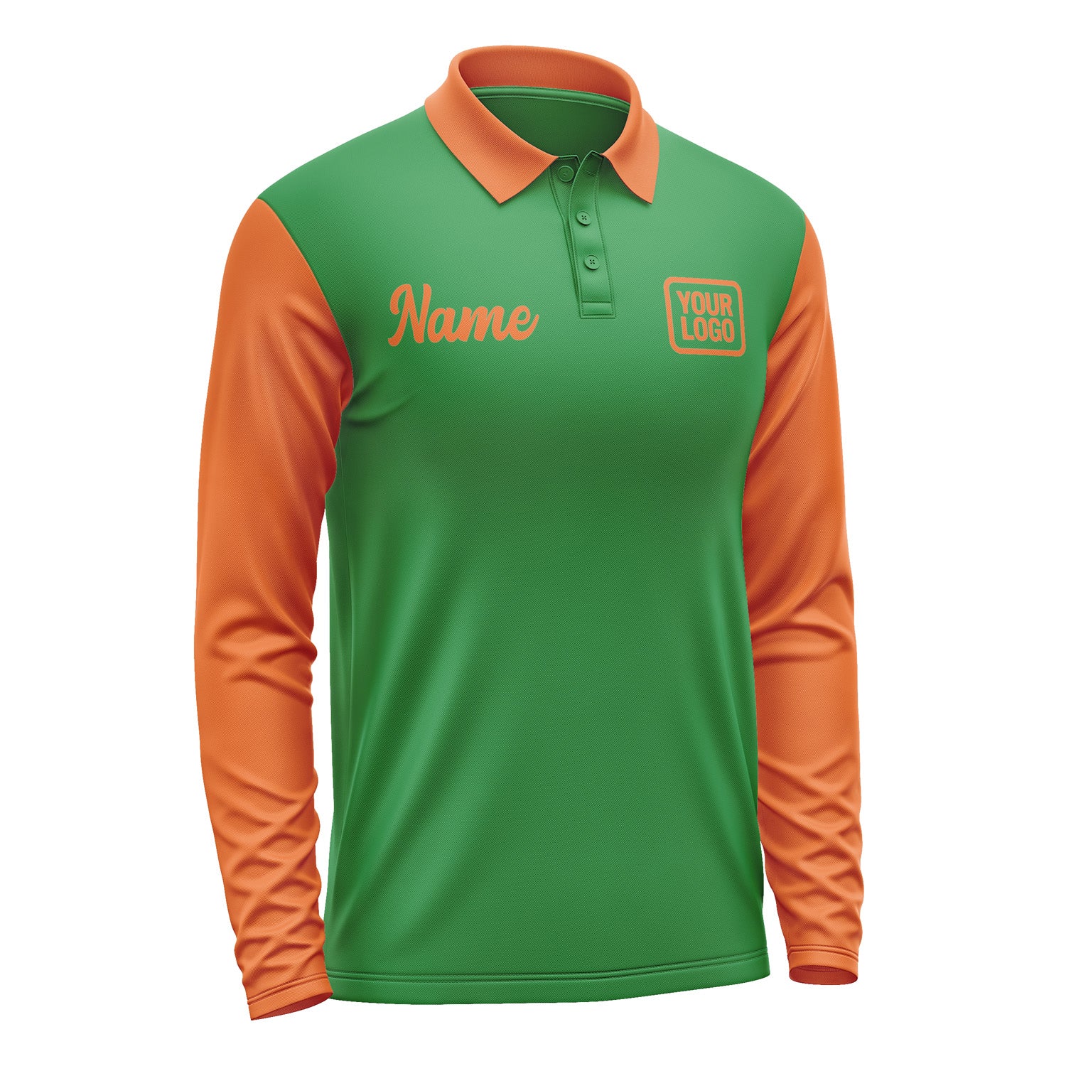 Custom Emerald Green Orange Long Sleeve Polo Shirt Pl242828B128